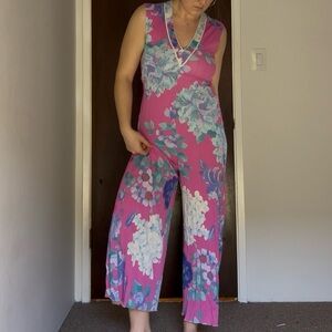 1970s Rare Floral Pink Wide Leg Jumpsuit